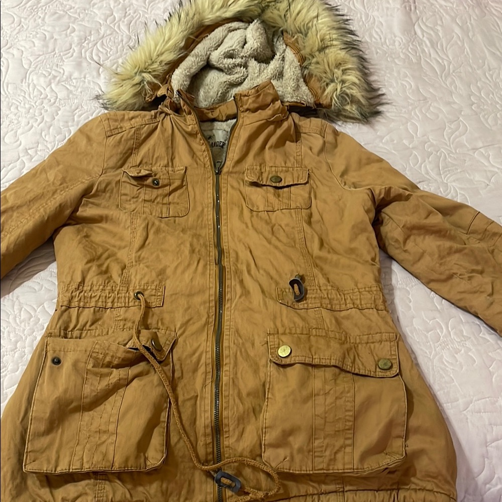 Stylish Tan Utility Jacket with Faux Fur Hood